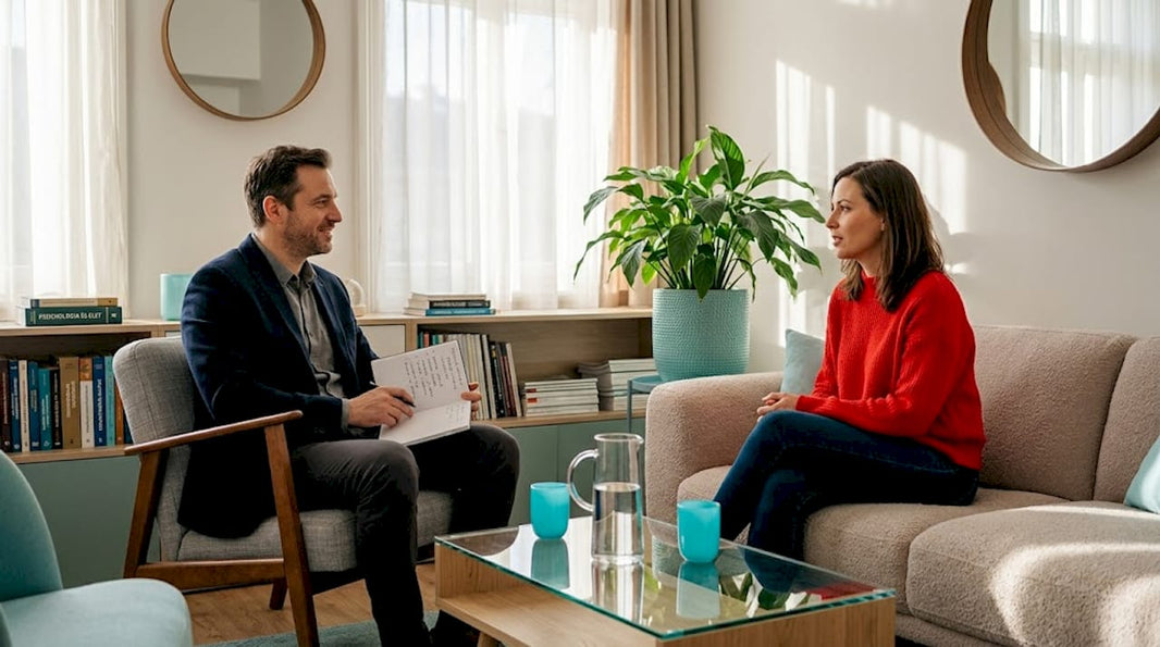 A terapeuta és a kliens egy nyugodt, zárt rendelőben beszélgetnek egymással.