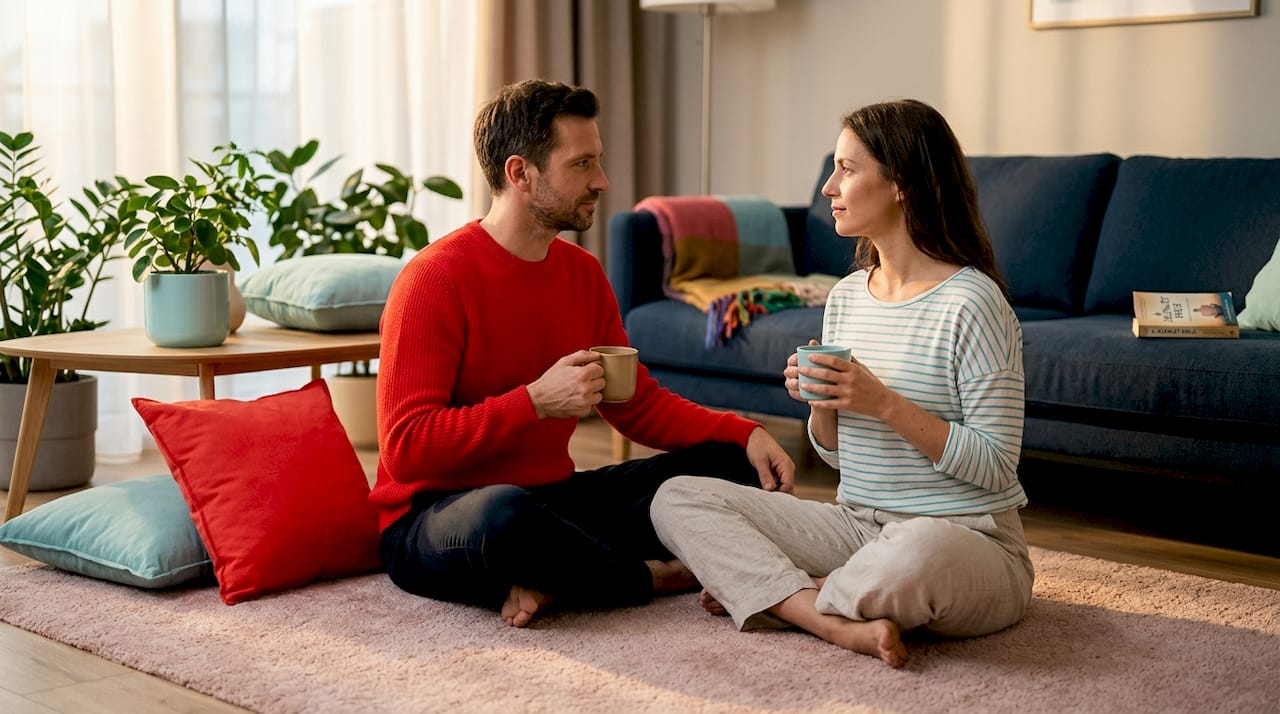 Egy fiatal pár együtt meditál és jelen van a napsütéses nappaliban, hogy feltöltődjenek és megéljék a pillanatot.