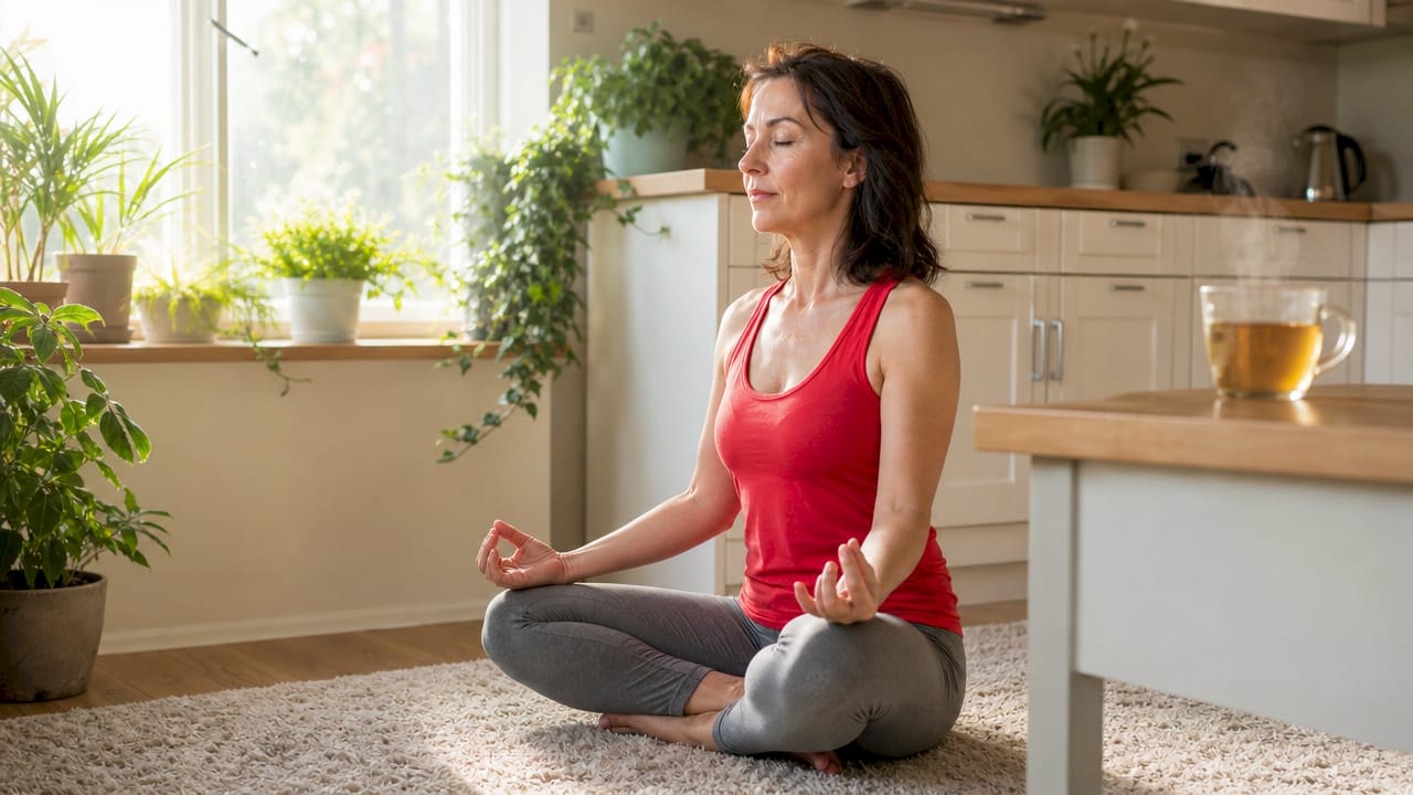 Egy nő otthon ül és elmélyülten meditál, miközben tudatos jelenlétet gyakorol.